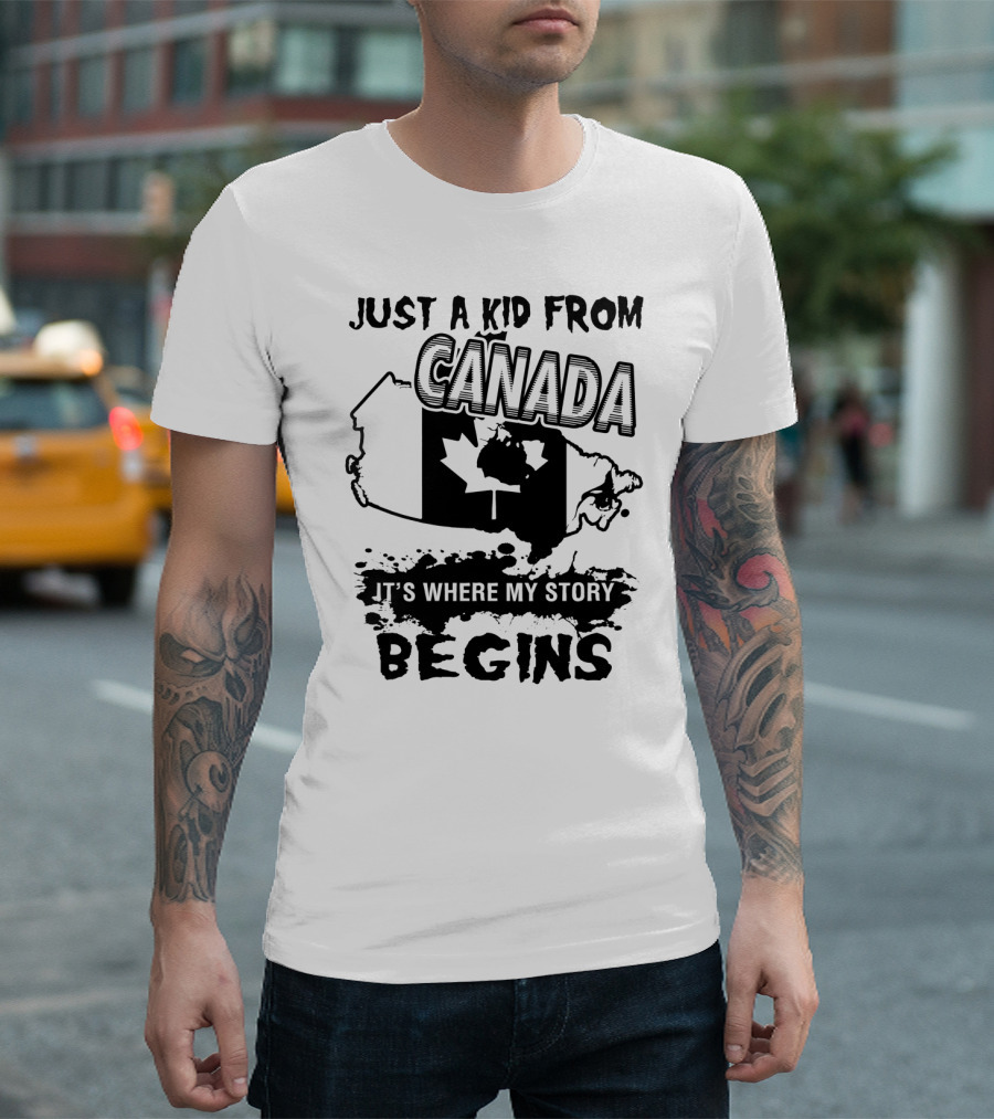 Just A Kid From Canada It's Where My Story Begins Map and Maple Leaf T-Shirt