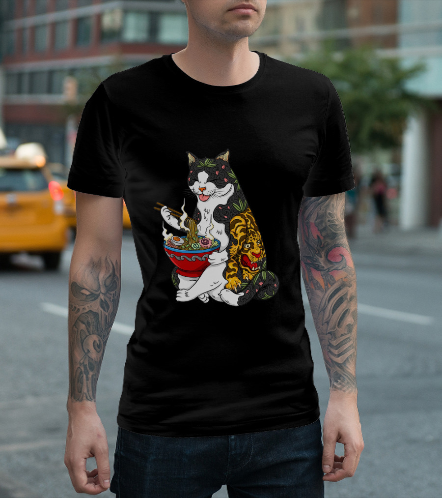 Cat Enjoying Chinese Noodles with Vibrant Tiger Tattoo T-Shirt