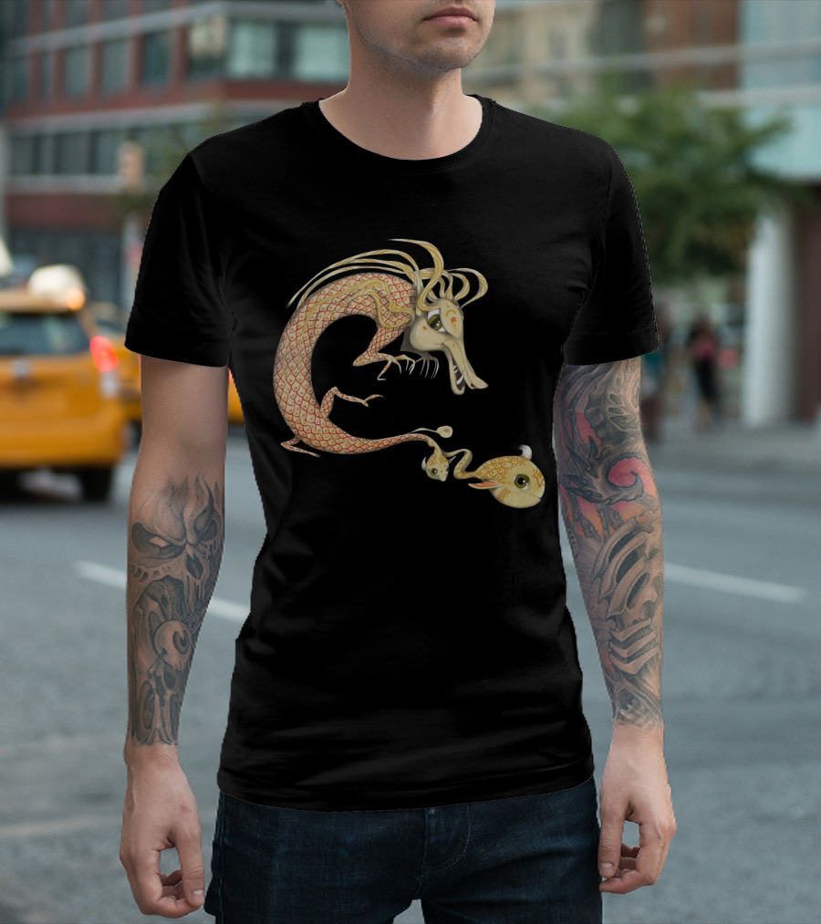 Whimsical Dragon with Fish and Baby Companion Playful T-Shirt