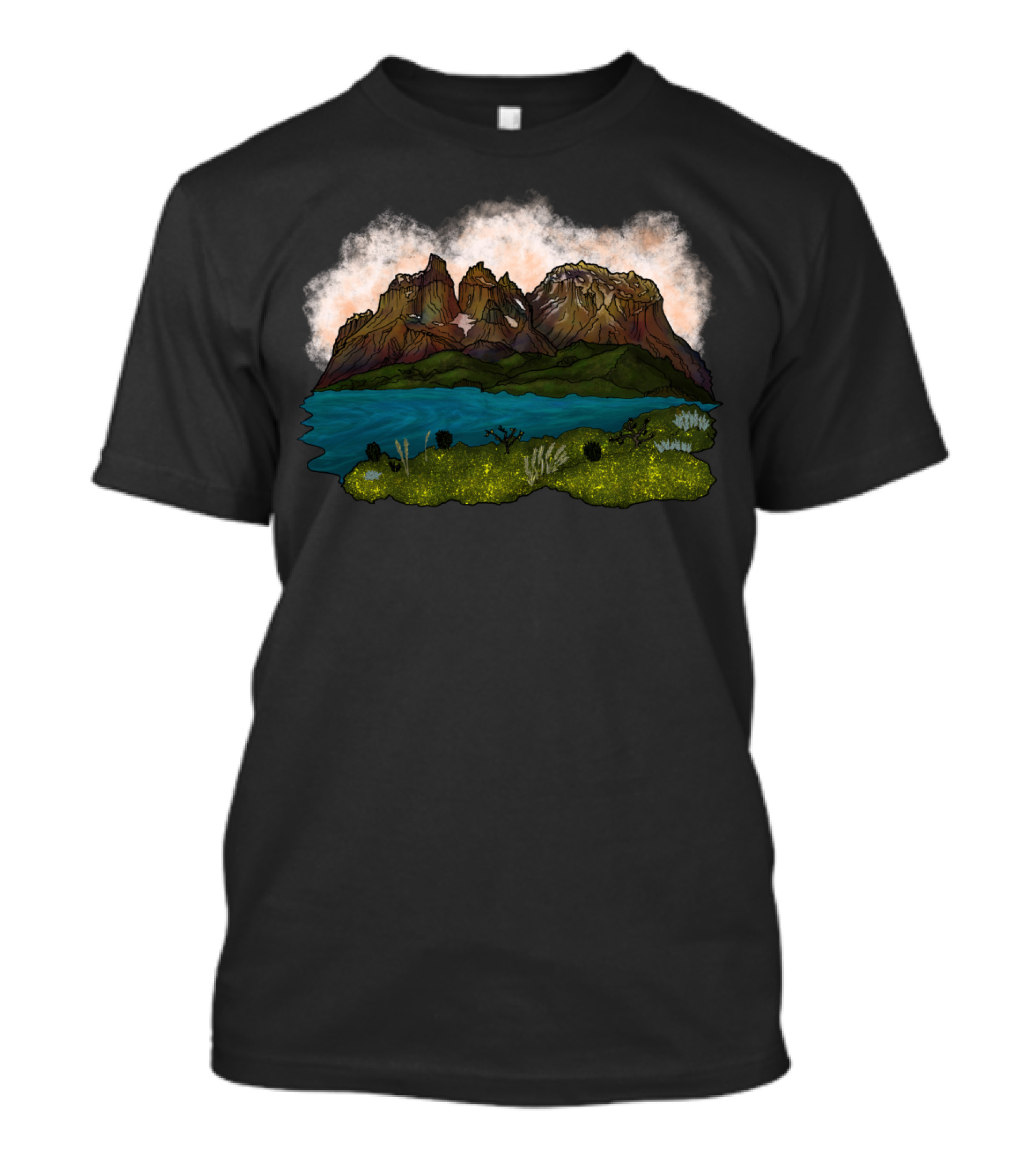 Cuernos Del Paine Scenic Mountain Landscape With Lake And Vibrant Greenery T-Shirt