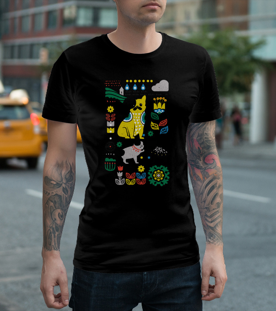 Scandinavian Folk Art Style French Bulldogs with Colorful Floral and Geometric T-Shirt