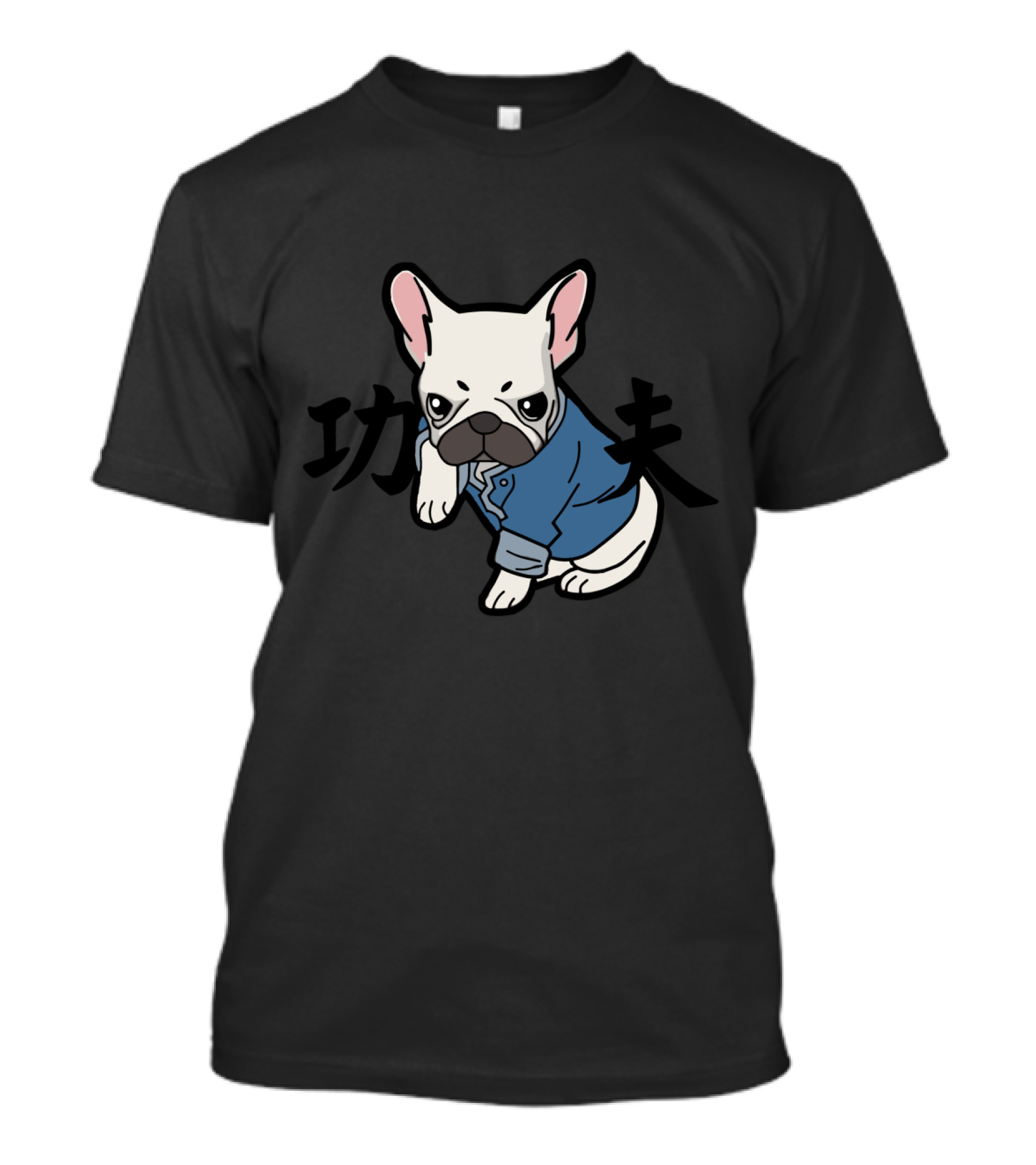Martial Arts French Bulldog In Blue Shirt With Kung Fu Characters T-Shirt