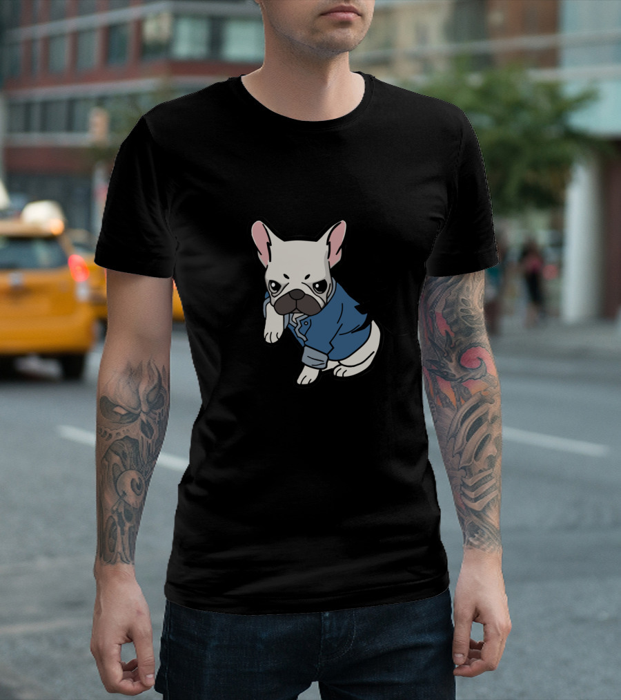 Martial Arts French Bulldog In Blue Shirt With Kung Fu Characters T-Shirt