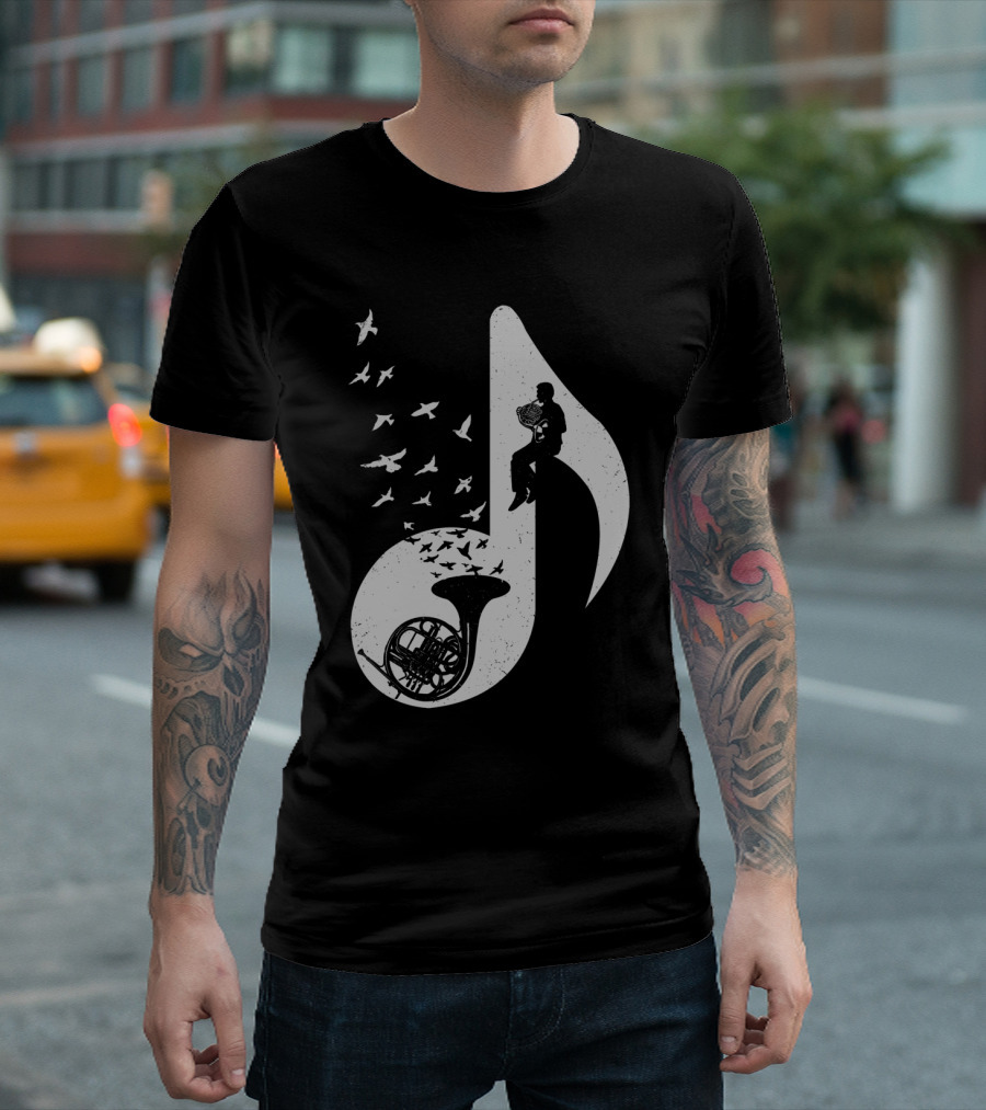 Note-Shaped French Horn with Silhouette Player and Flying Birds T-Shirt