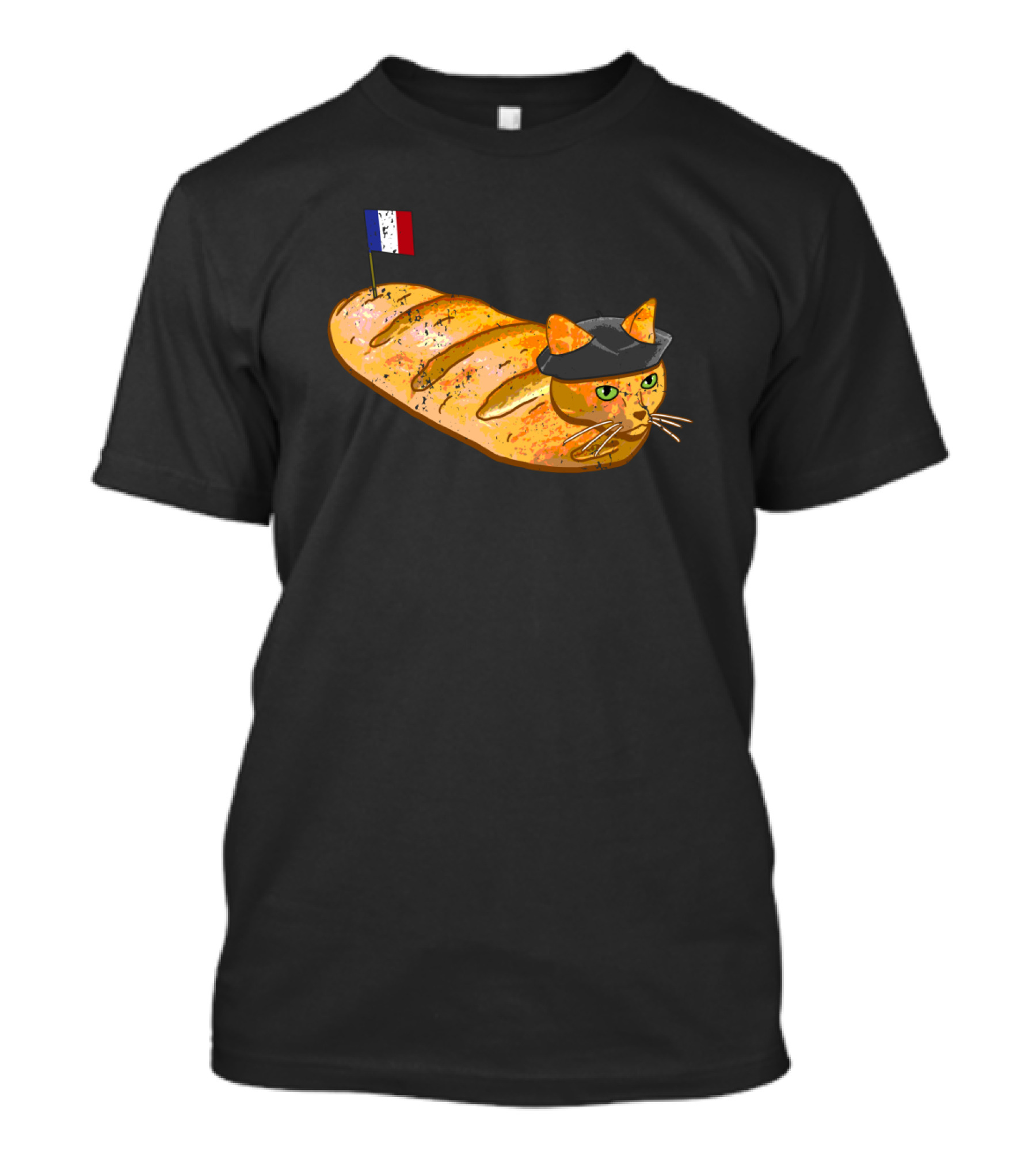 French Bread Cat Loaf Wearing Beret With French Flag T-Shirt