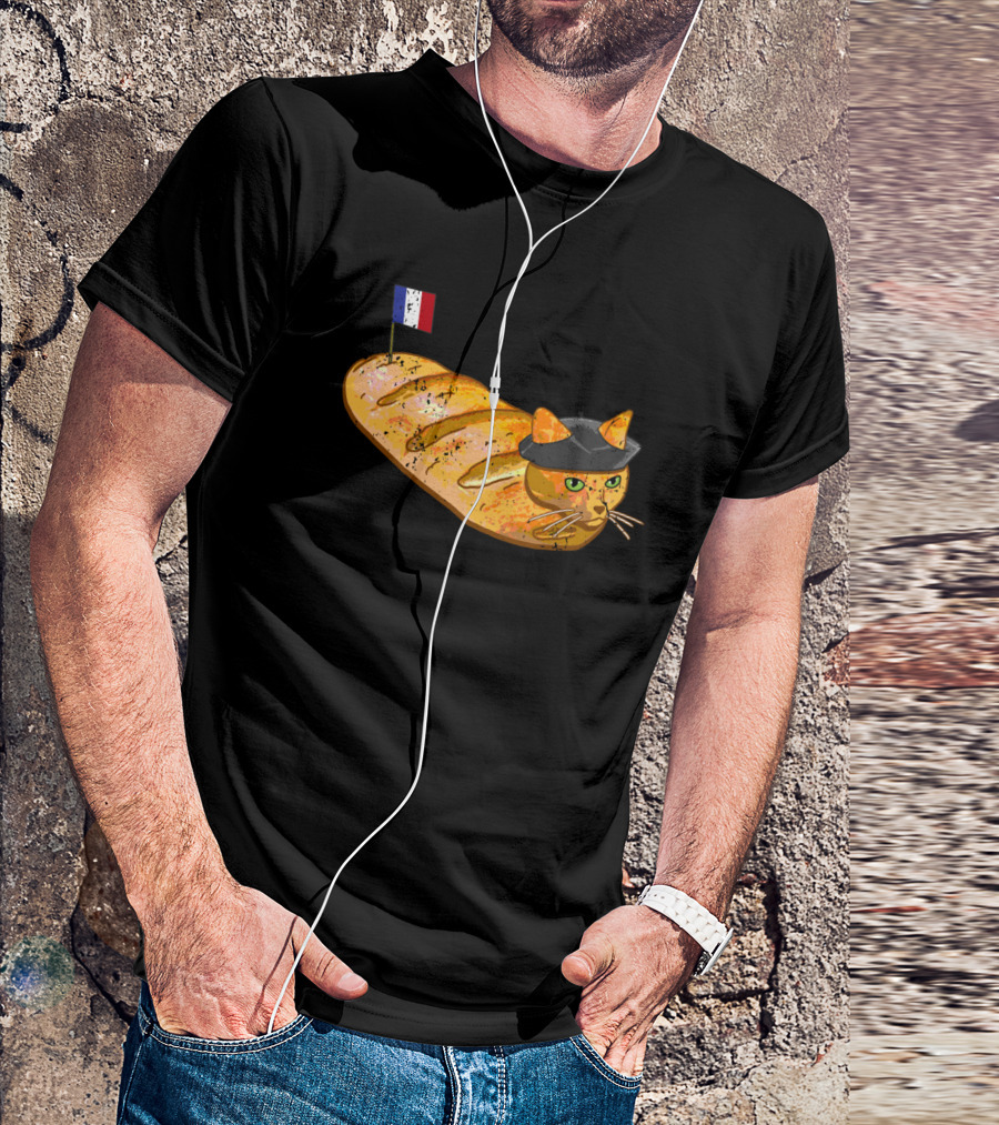 French Bread Cat Loaf Wearing Beret With French Flag T-Shirt