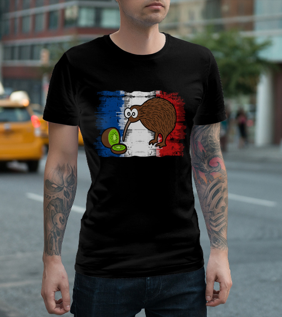 French Kiwi Bird With Kiwi Fruit On French Flag Background T-Shirt