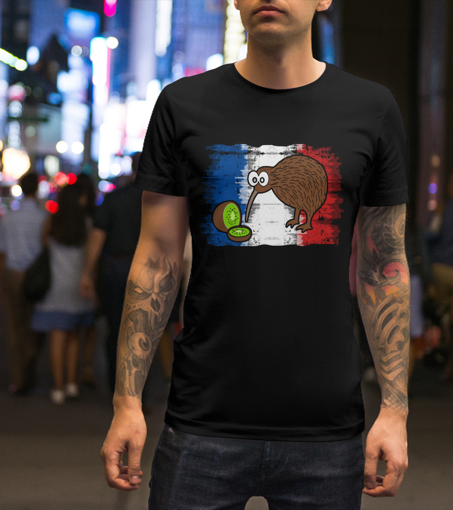 French Kiwi Bird With Kiwi Fruit On French Flag Background T-Shirt