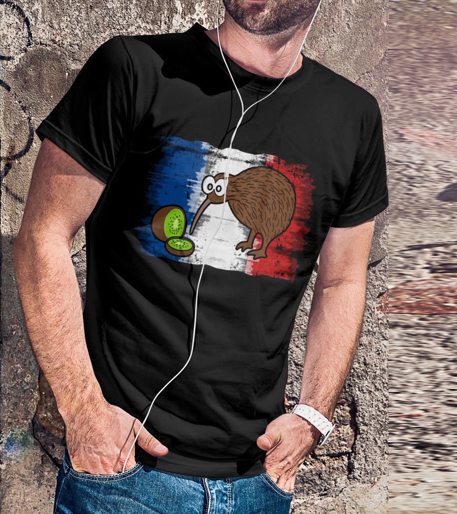 French Kiwi Bird With Kiwi Fruit On French Flag Background T-Shirt