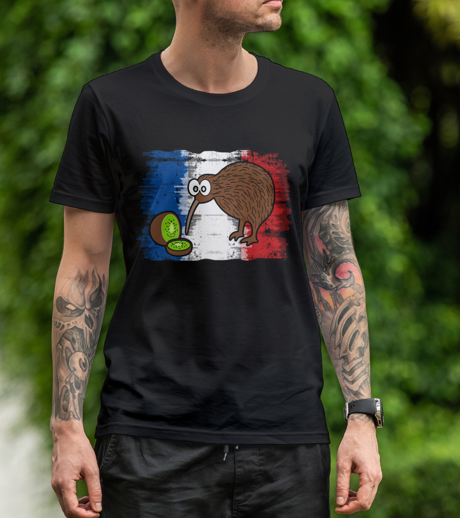 French Kiwi Bird With Kiwi Fruit On French Flag Background T-Shirt