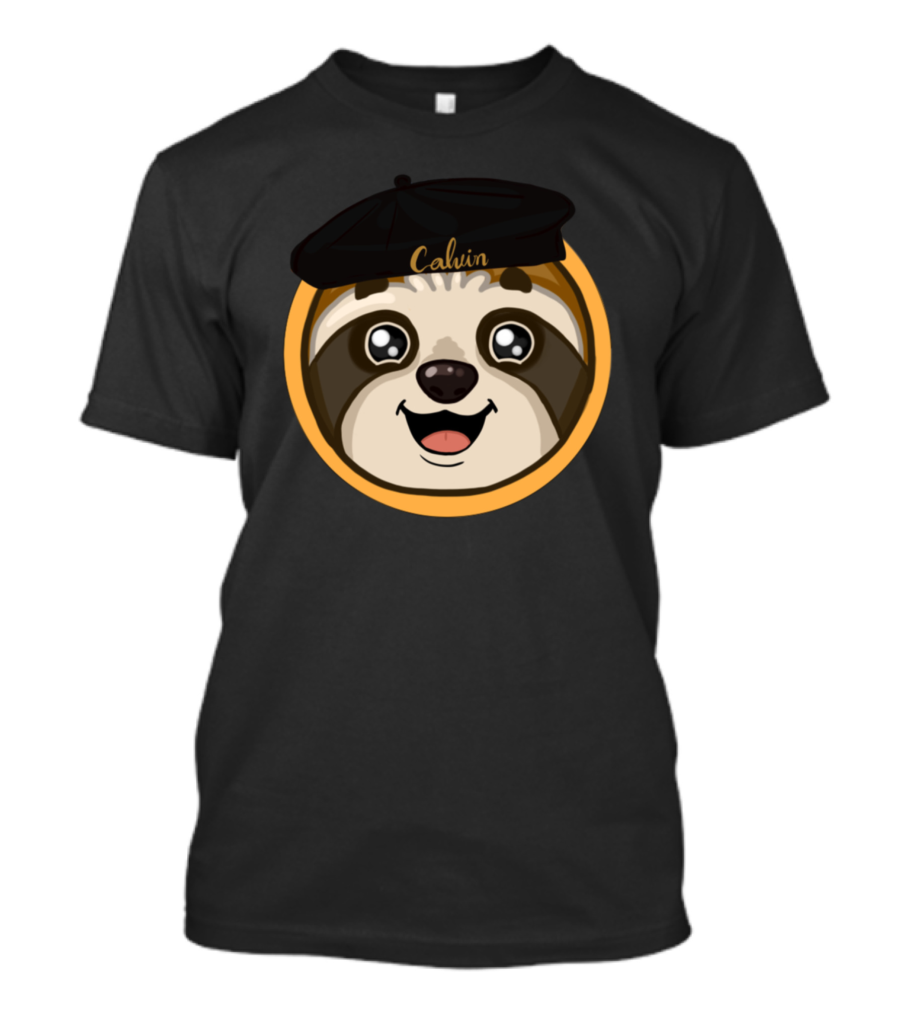Calvin Beret-Wearing Happy Sloth Emblem T-Shirt