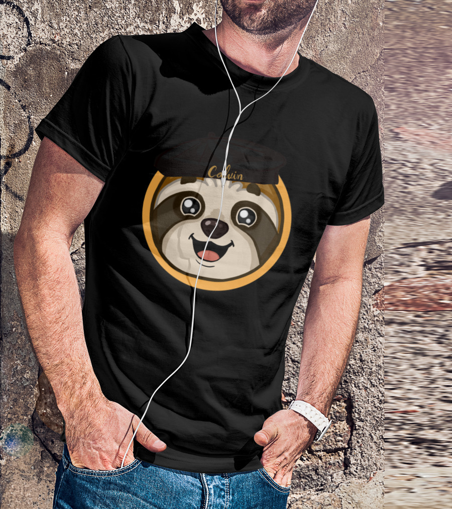 Calvin Beret-Wearing Happy Sloth Emblem T-Shirt