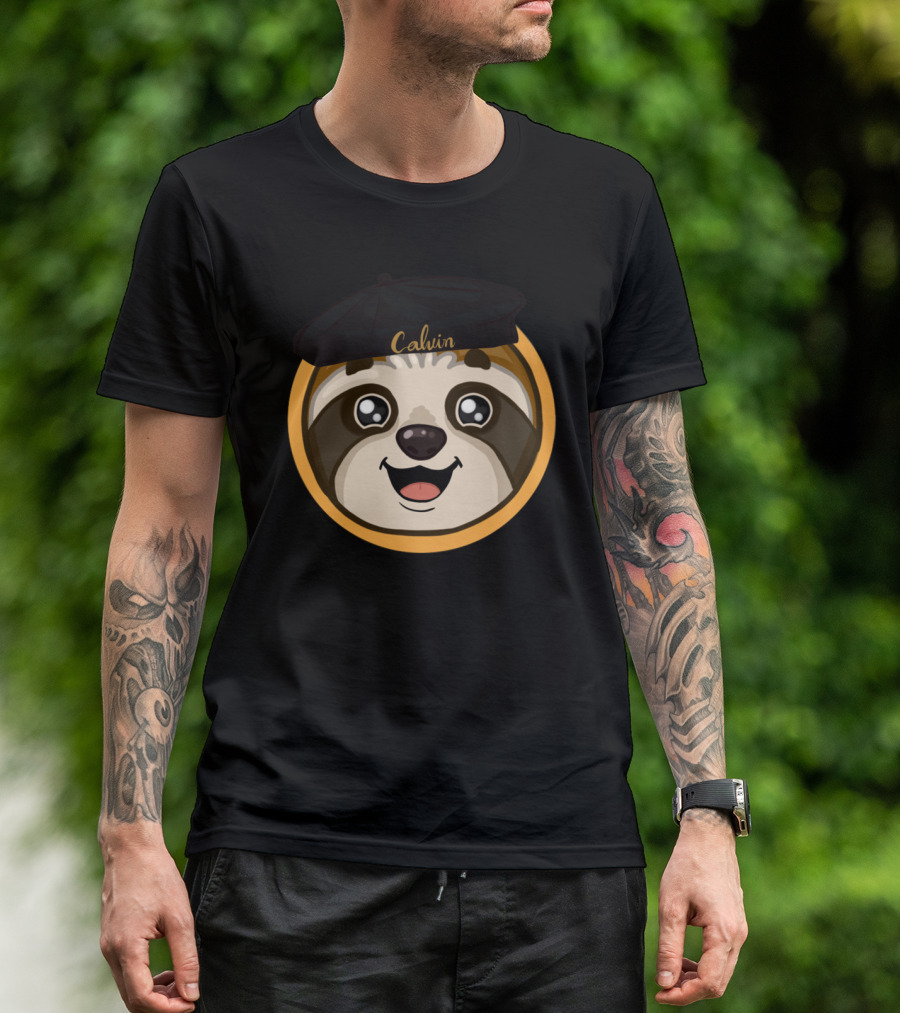 Calvin Beret-Wearing Happy Sloth Emblem T-Shirt