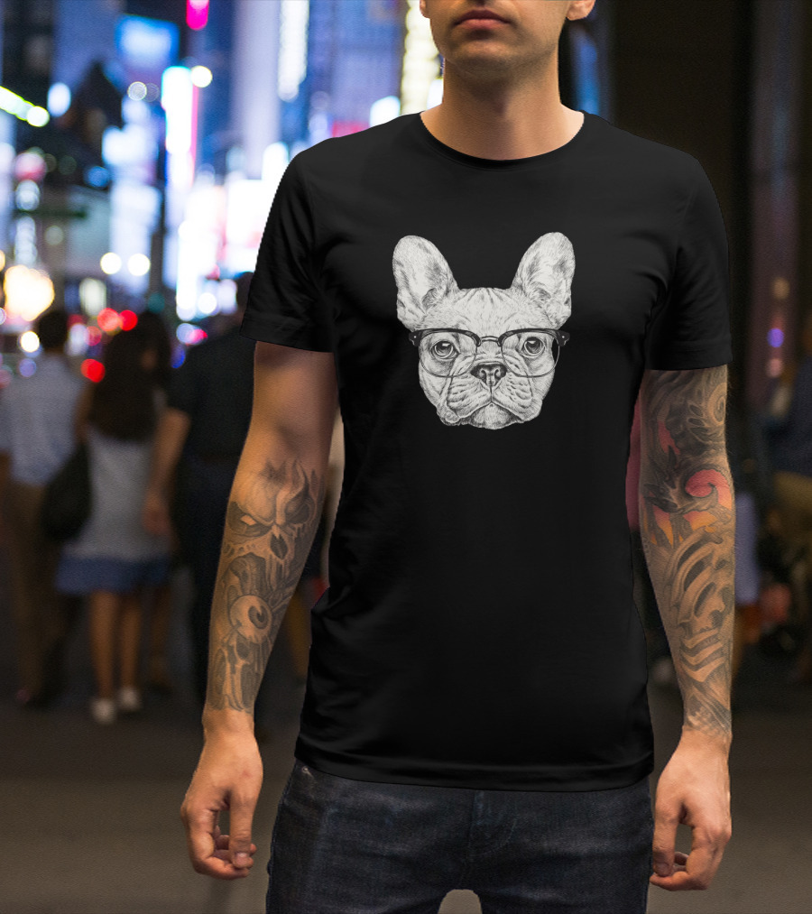 French Bulldog Wearing Stylish Glasses Drawing T-Shirt