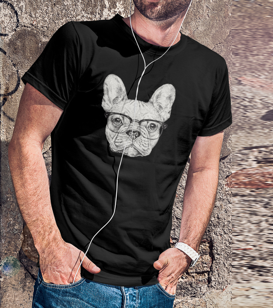 French Bulldog Wearing Stylish Glasses Drawing T-Shirt