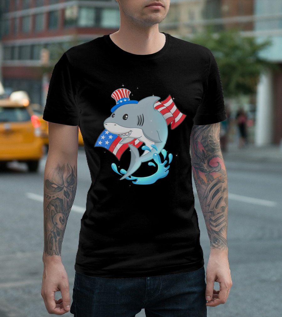 Patriotic Cute Shark Wearing Uncle Sam Hat And American Flag Celebrating Independence Day July 4th T-Shirt