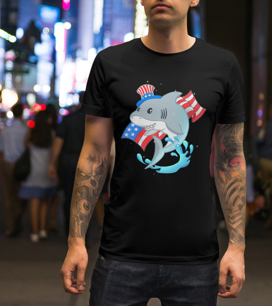 Patriotic Cute Shark Wearing Uncle Sam Hat And American Flag Celebrating Independence Day July 4th T-Shirt