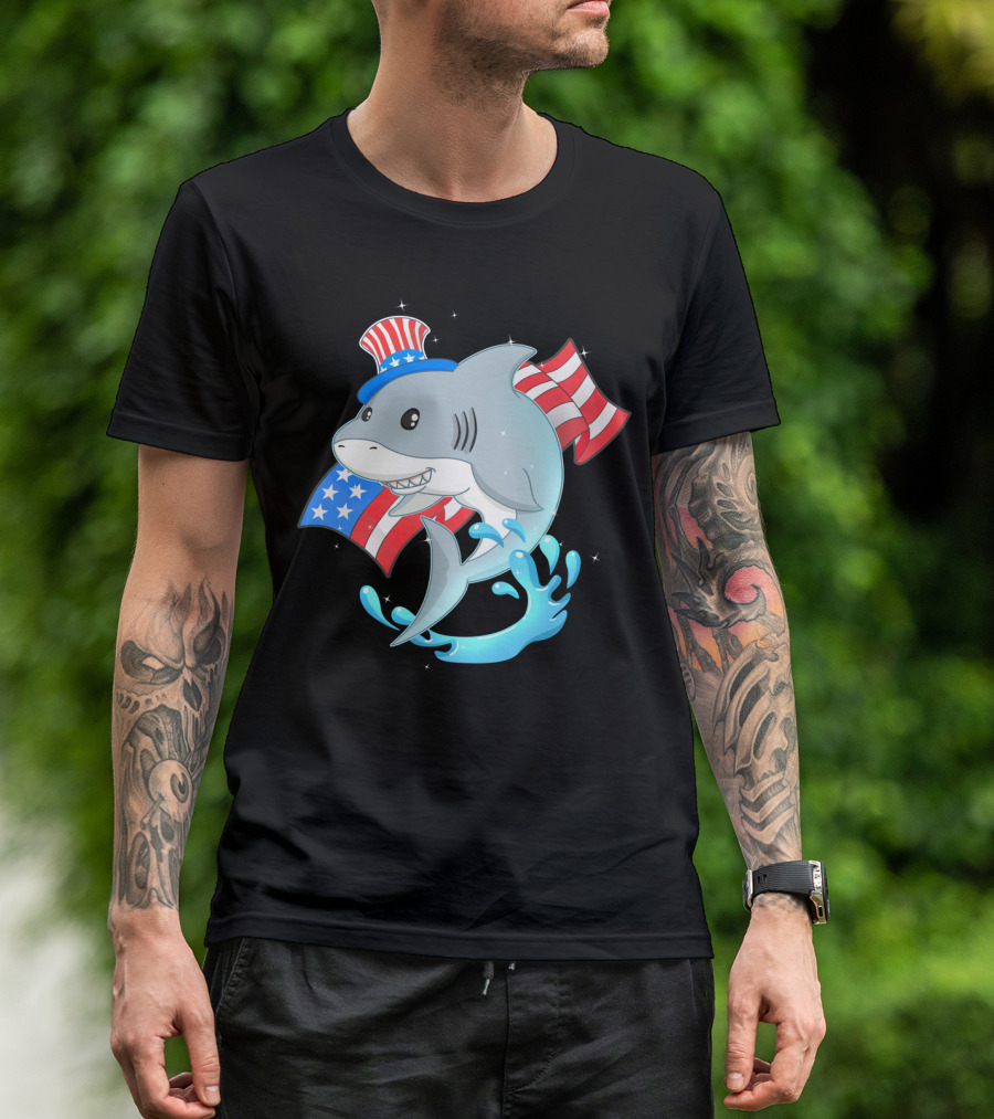 Patriotic Cute Shark Wearing Uncle Sam Hat And American Flag Celebrating Independence Day July 4th T-Shirt