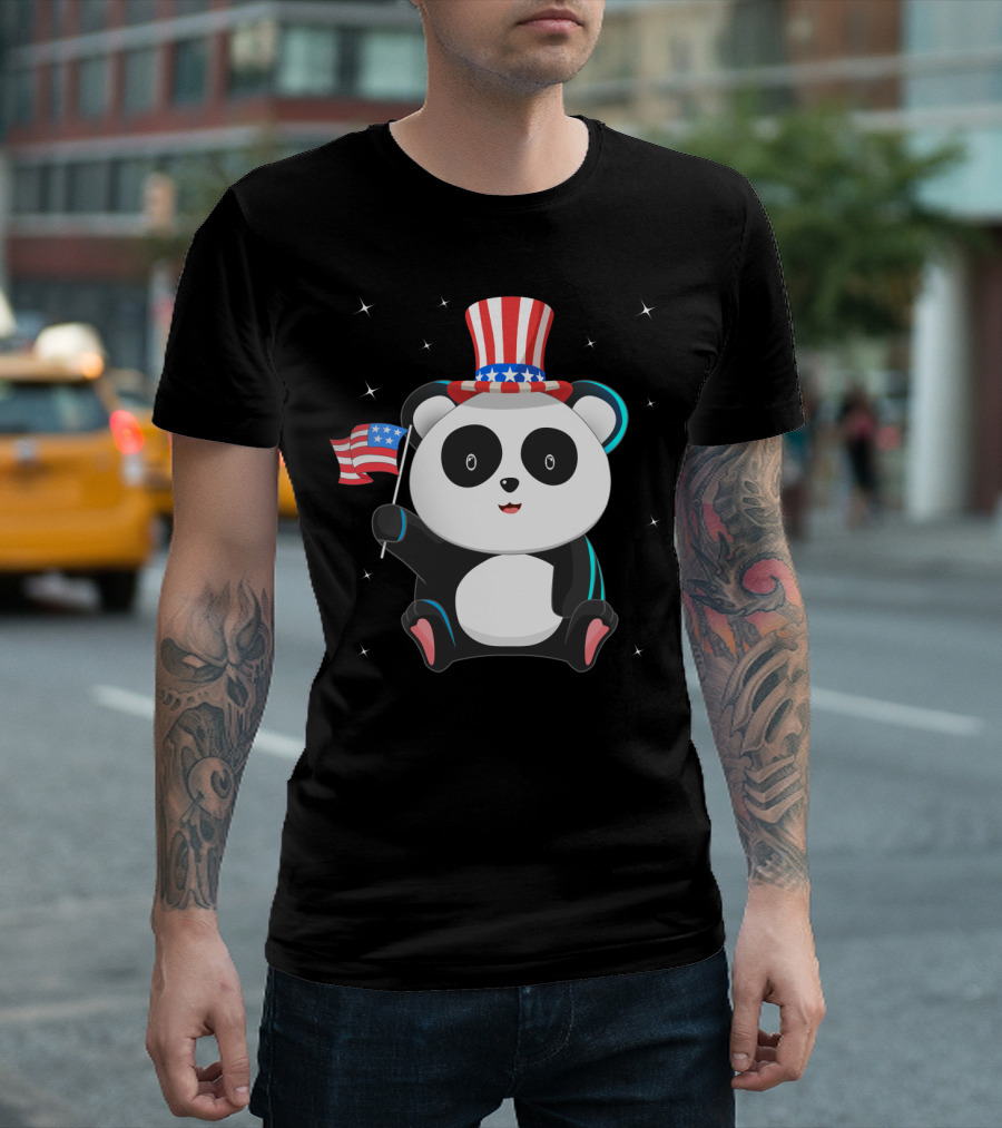 Patriot Panda with American Flag and Stars for Independence Day July T-Shirt