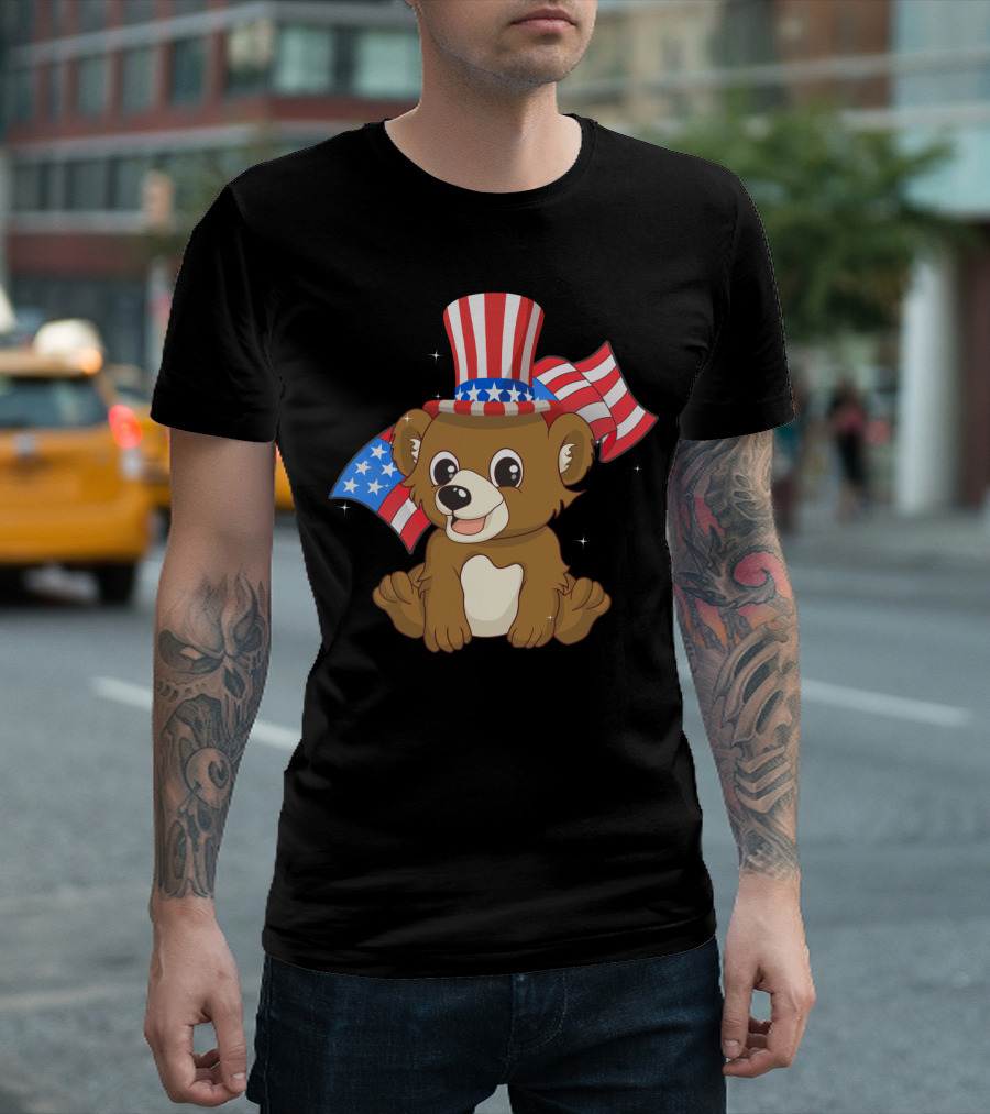 Patriotic Cute Bear with American Flag Hat for Independence Day July T-Shirt