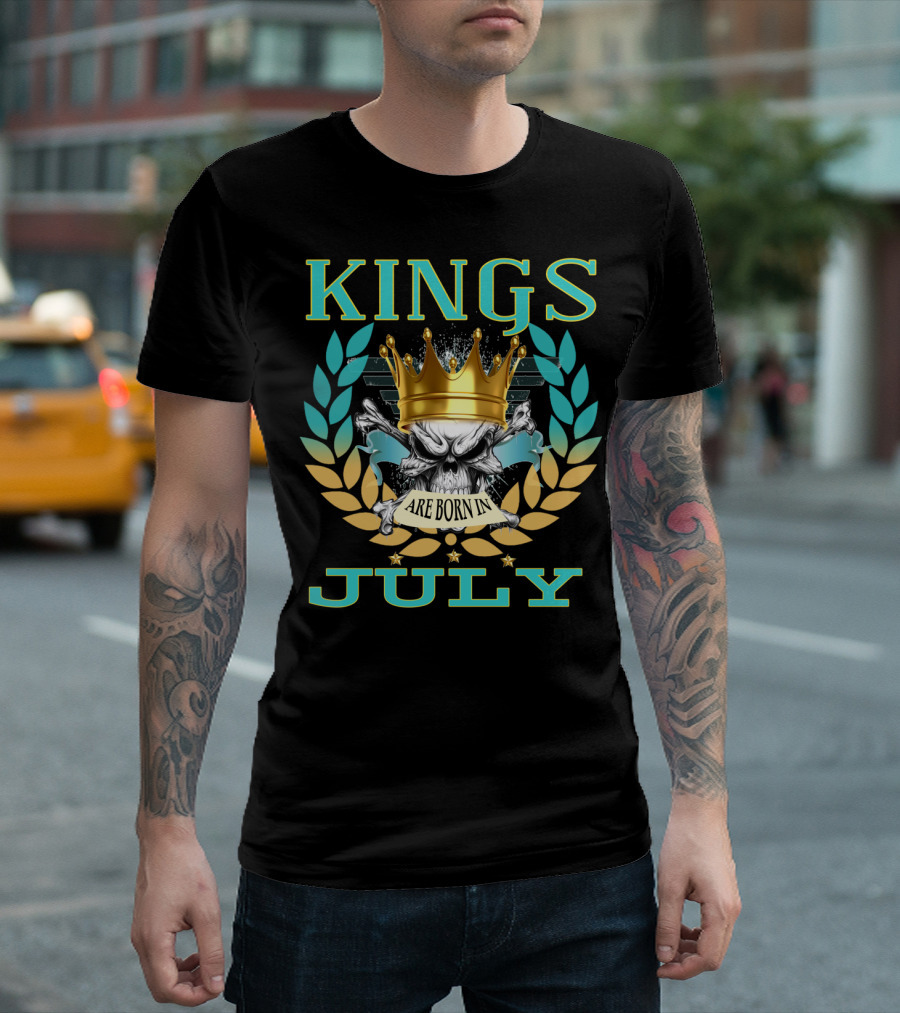 Kings Are Born in July Crown Skull Laurel Wreath T-Shirt