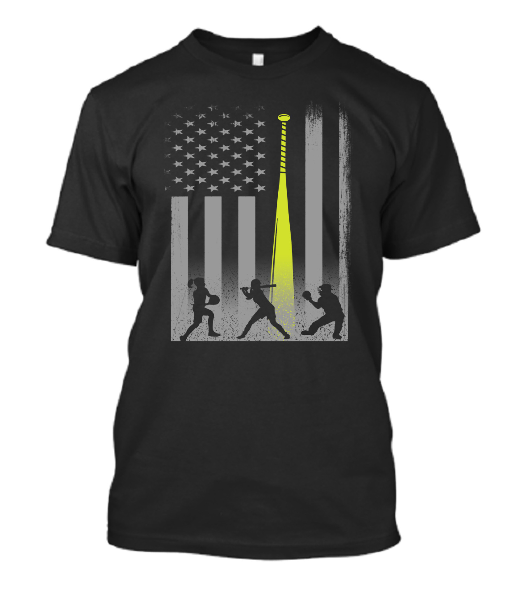 Patriotic USA Flag Baseball Bat Silhouette With Softball Players Fourth Of July T-Shirt