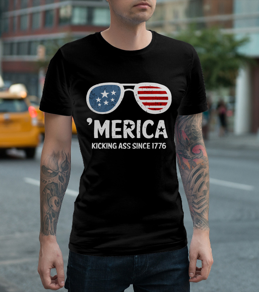 'Merica Kicking Ass Since 1776 USA Patriotic Sunglasses Stars Stripes T-Shirt