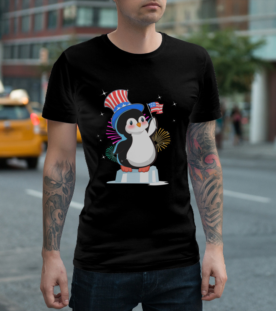 Patriot Penguin with American Flag and Fireworks Independence T-Shirt