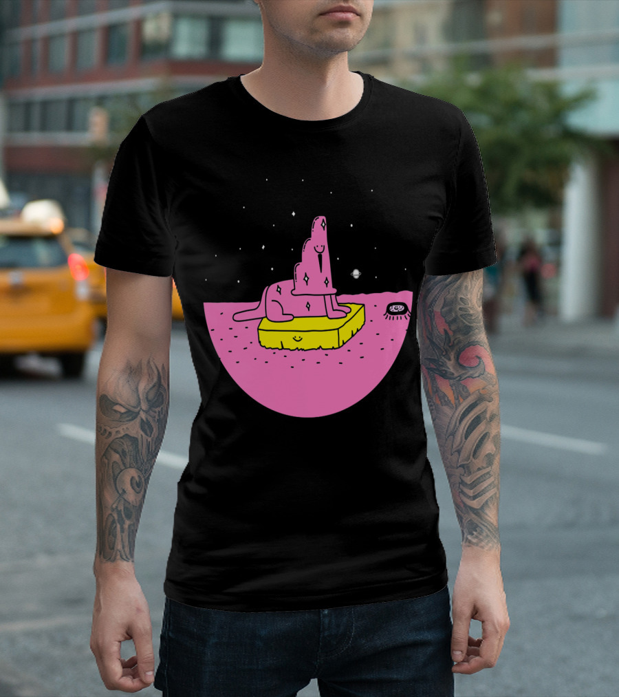 Pink Dingo on Yellow Sponge Floating in Starry Night with Saturn and Patterned Object T-Shirt