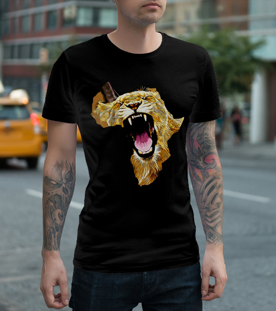 Africa Continent Silhouette with Roaring Lioness Safari Cat Vector T-Shirt