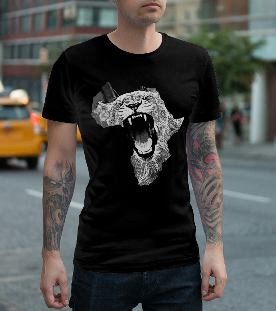 African Lioness Roaring Inside Continent Outline in Black and White Vector T-Shirt