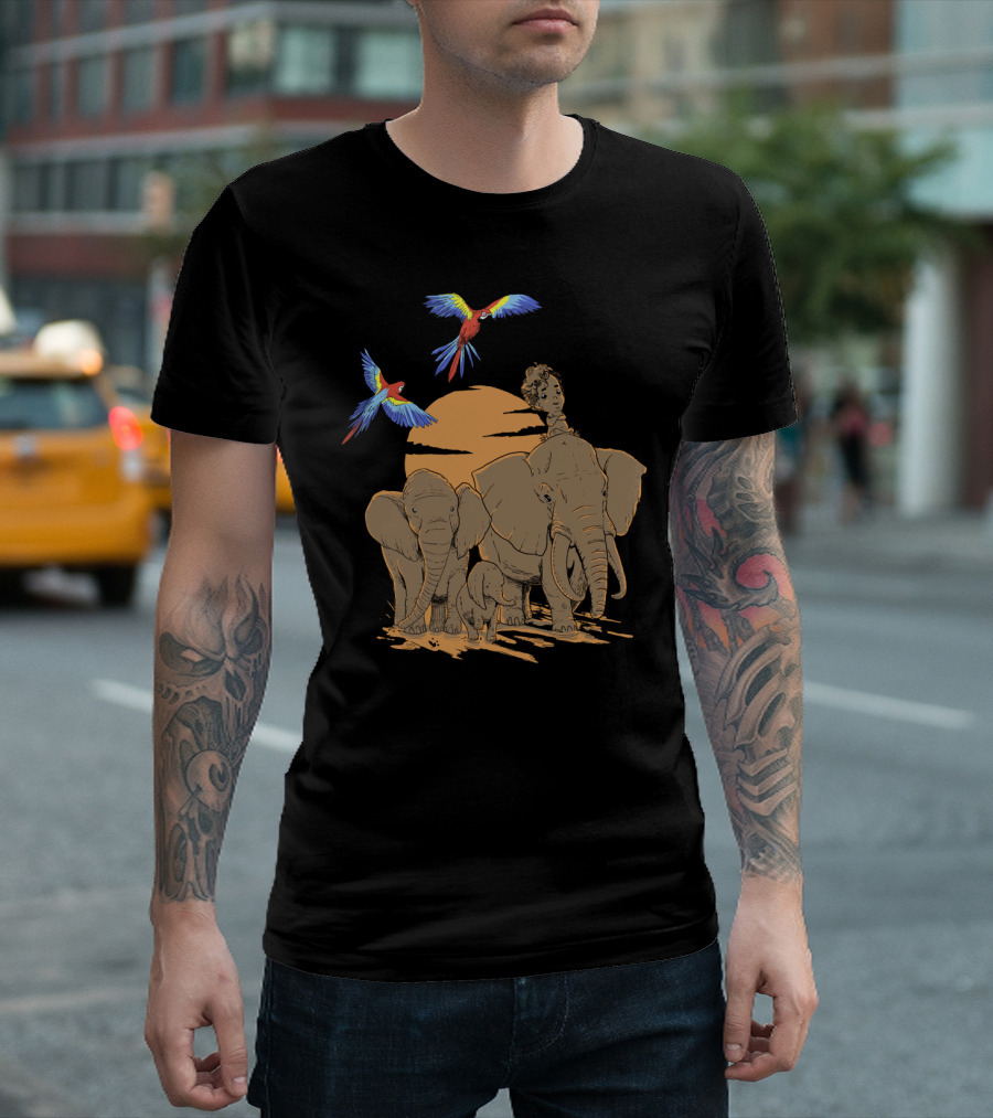 March of the Wise Elephants and Parrots in Sunset Serenade T-Shirt