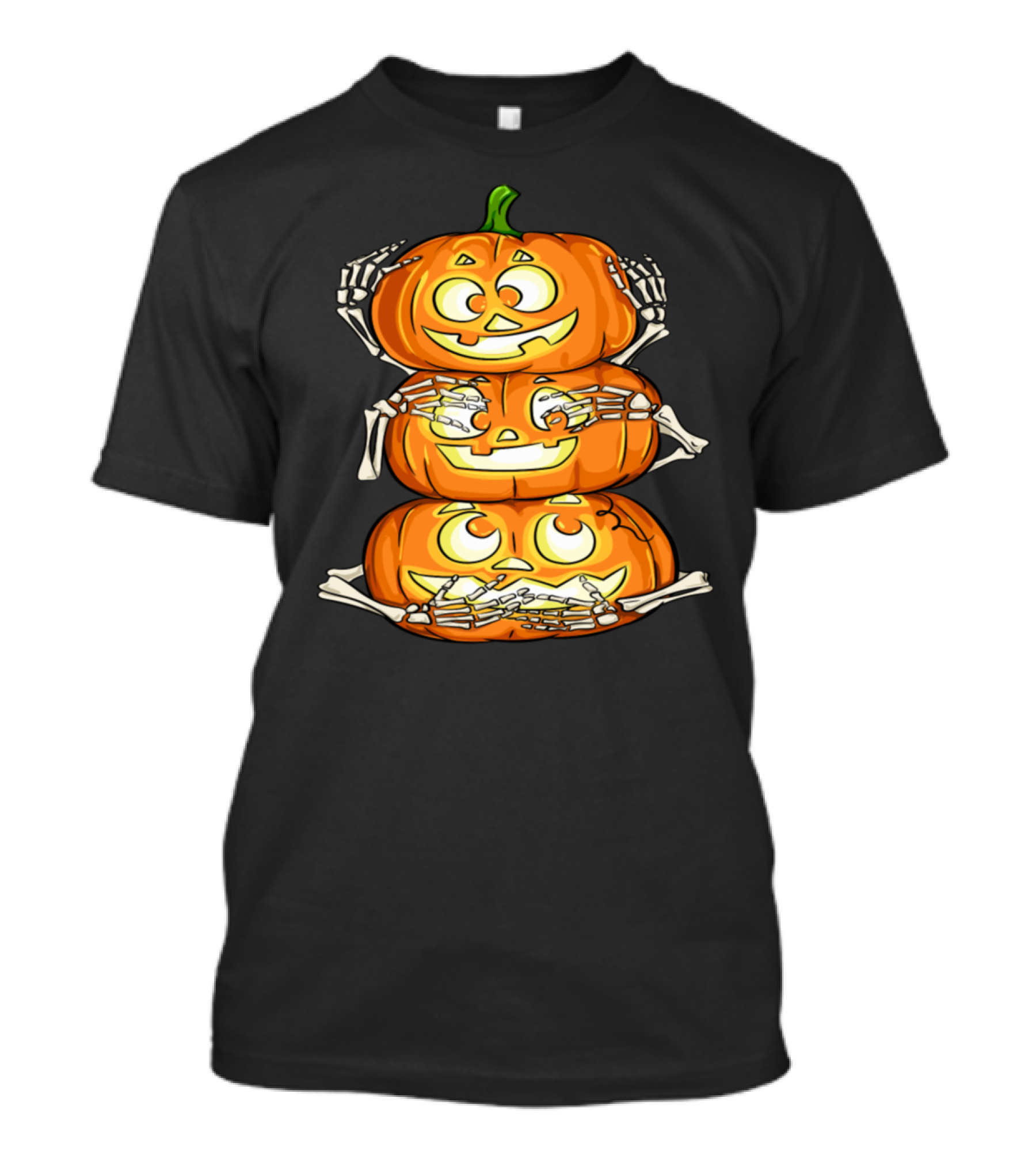 Three Wise Pumpkins Halloween Stack With Funny Faces And Skeleton Hands T-Shirt