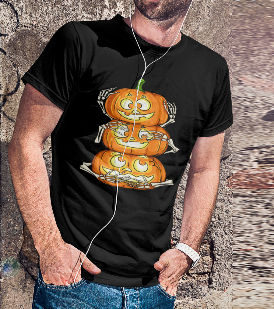 Three Wise Pumpkins Halloween Stack With Funny Faces And Skeleton Hands T-Shirt