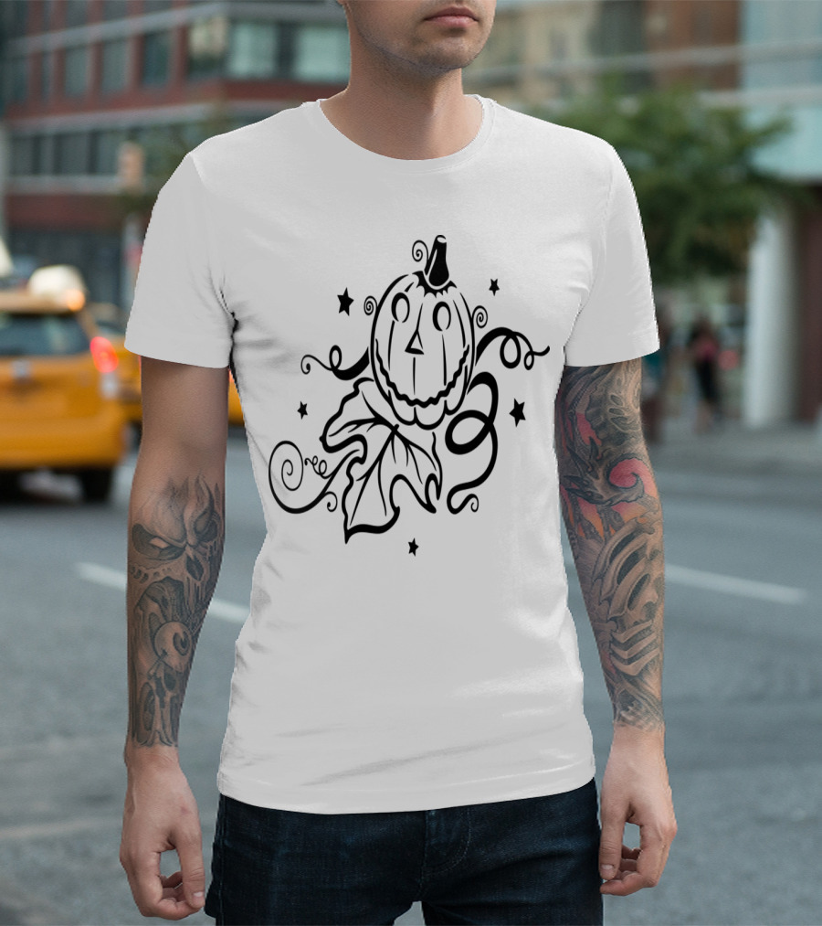 Whimsical Halloween Pumpkin with Stars and Swirling Vines T-Shirt