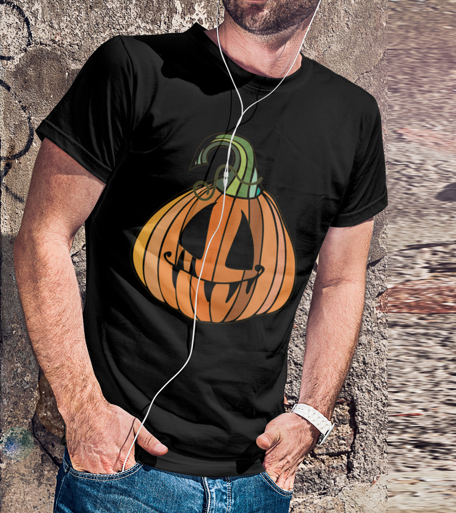 Sad Pumpkin Halloween Cartoon Face With Dripping Black Eyes And Wavy Stem T-Shirt