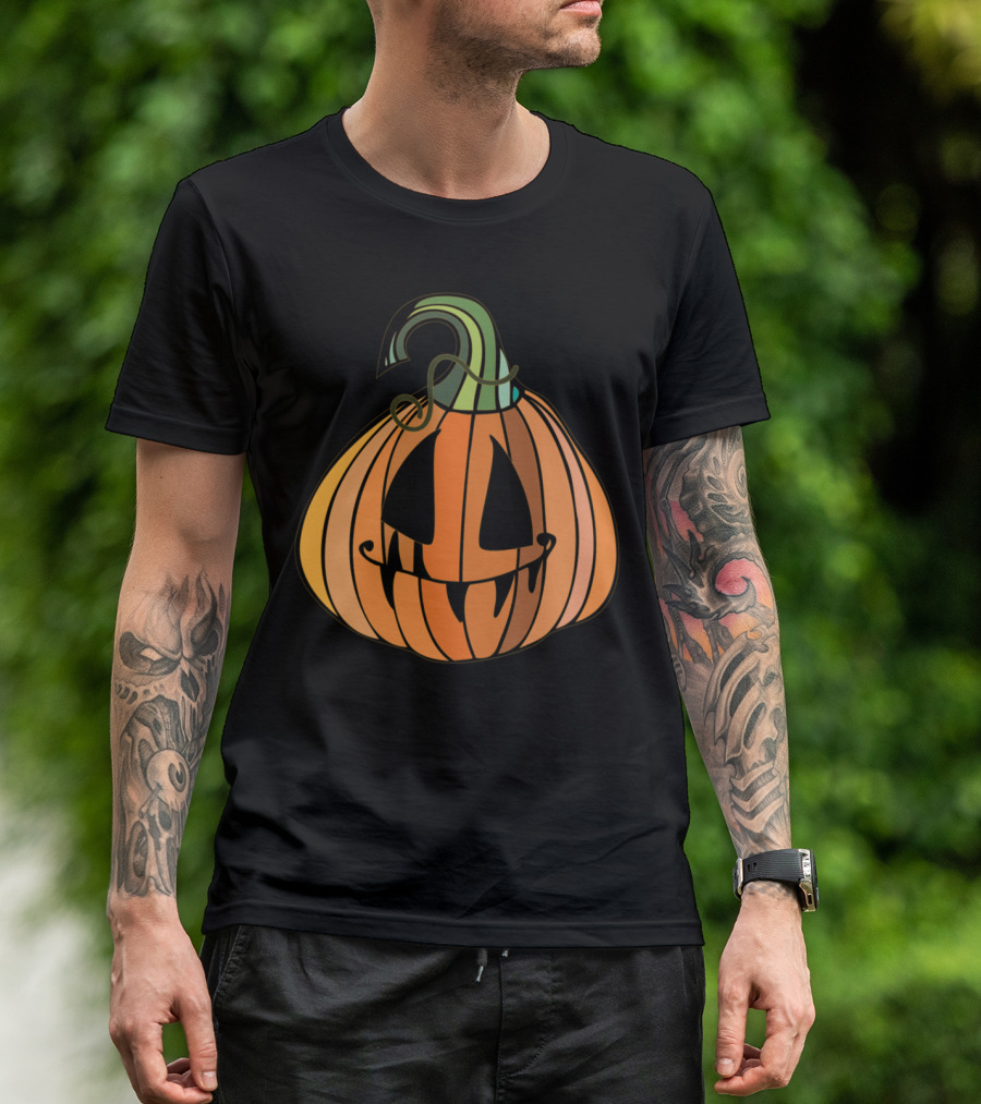 Sad Pumpkin Halloween Cartoon Face With Dripping Black Eyes And Wavy Stem T-Shirt