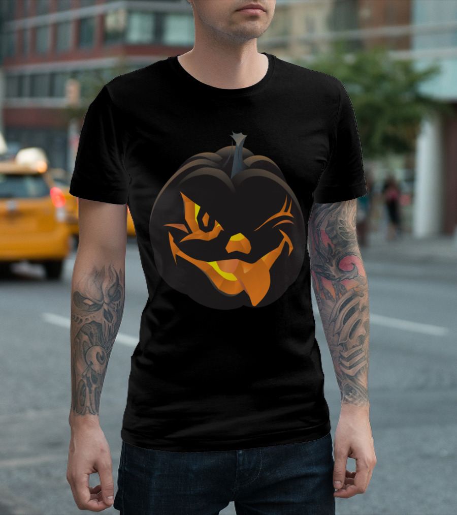 Jack O'Lantern Halloween Pumpkin with Mischievous Grin and Sticking Out Tongue T-Shirt