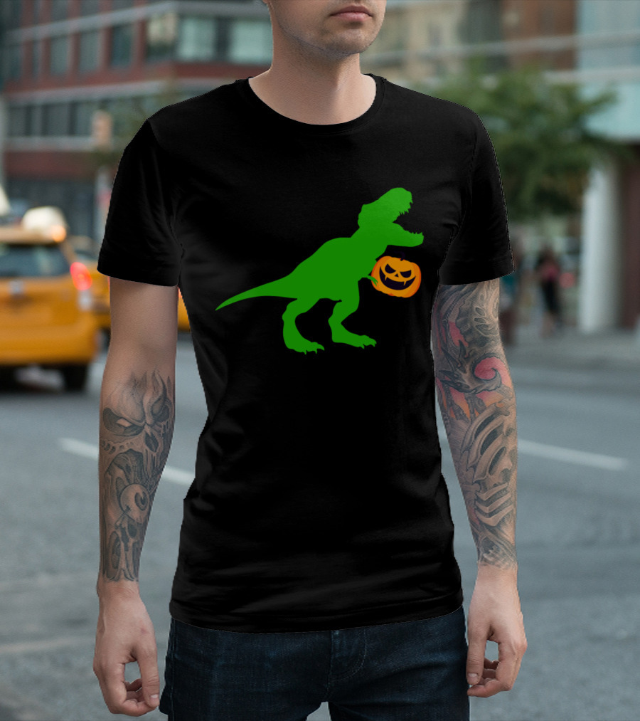 Green T-Rex Holding Jack-o'-Lantern Above Rawr Text T-Shirt