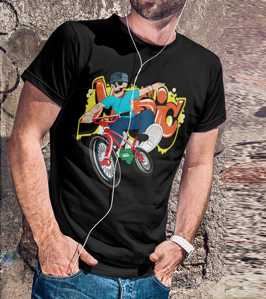 Bike Skeleton Stop Music Graffiti Vector Illustration Cool T-Shirt