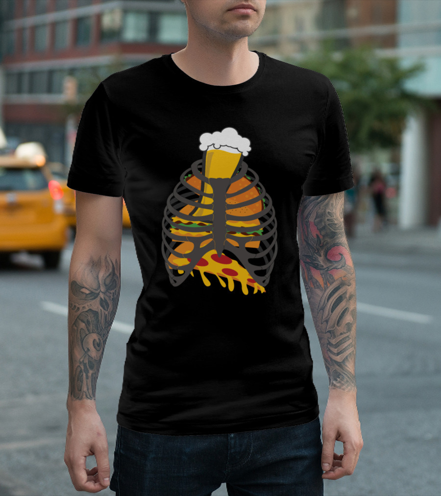 Frat Guy Skeleton Rib Cage with Beer and Pizza T-Shirt