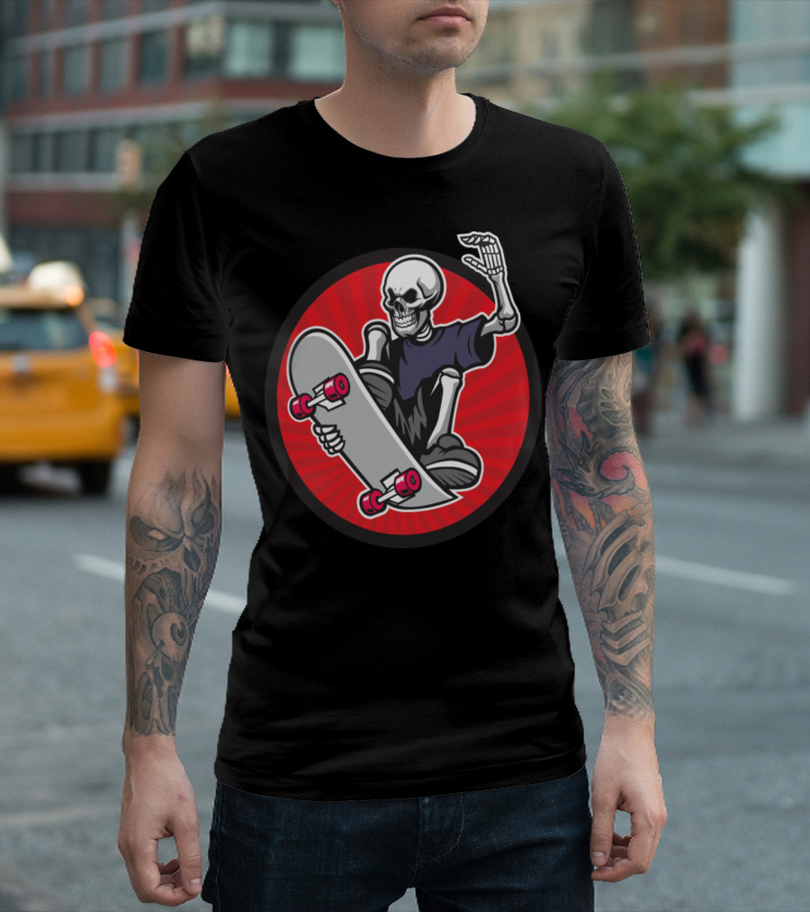 Skeleton Skateboarder Trick Red Circle T-Shirt