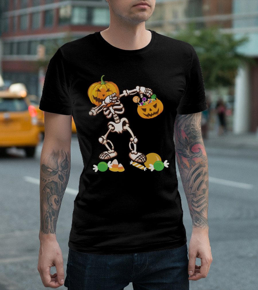 Halloween Pumpkin Skeleton Dabbing With Candy T-Shirt