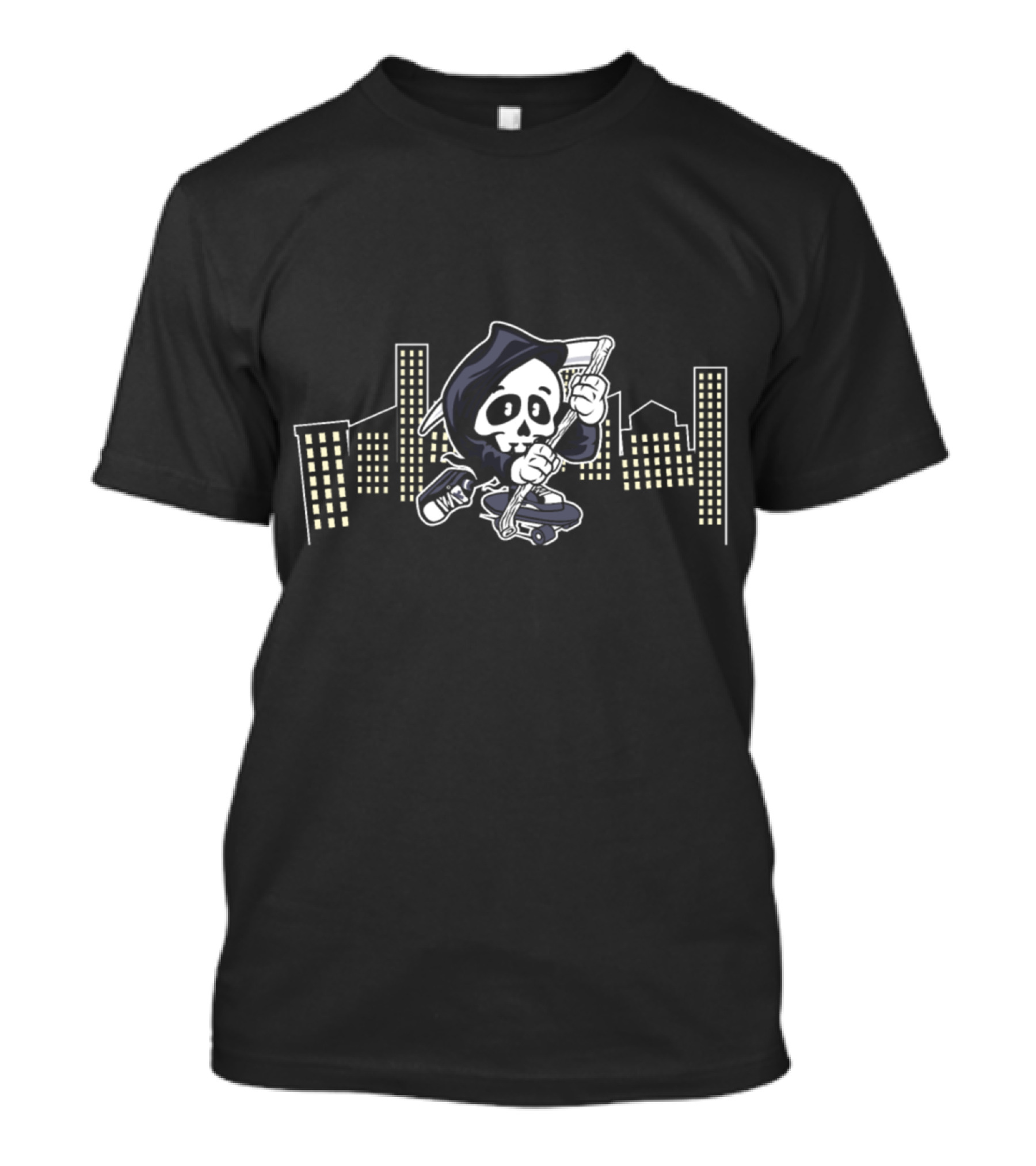 Reaper Skull Skater In Hoodie With Scythe Over City Skyline T-Shirt