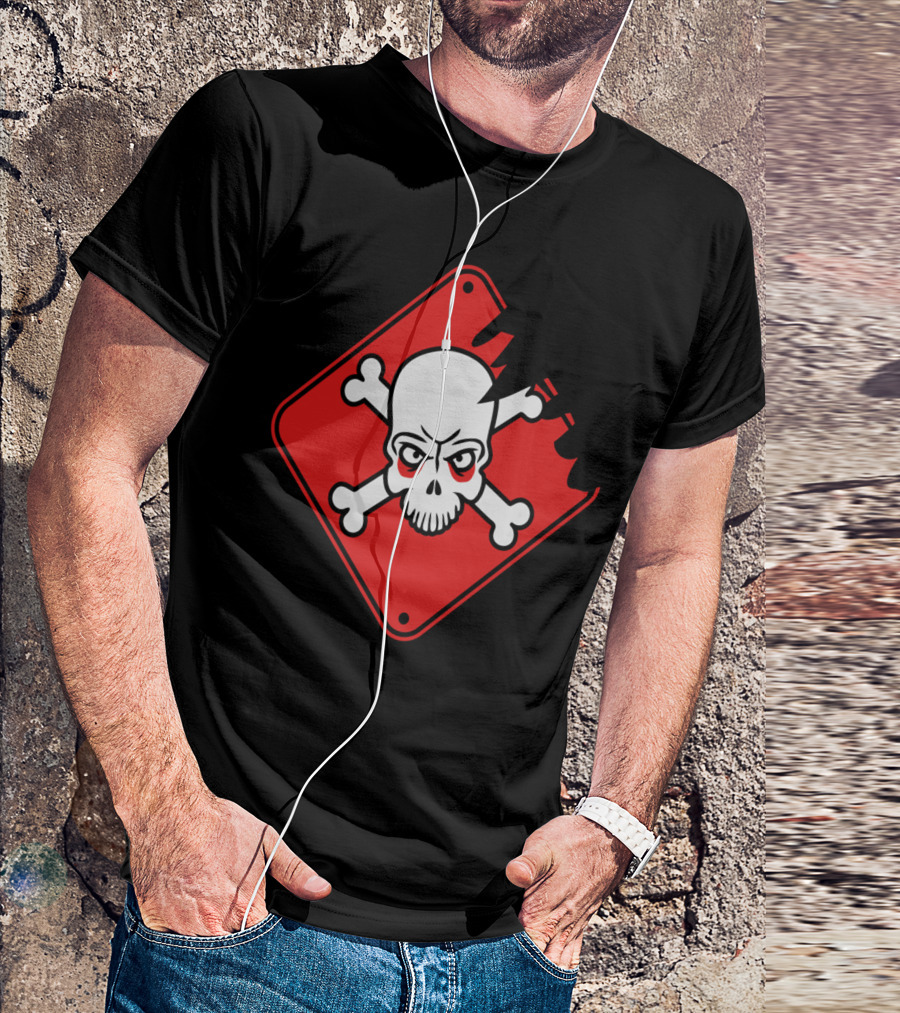 Danger Skull Red Warning Sign Torn Border T-Shirt