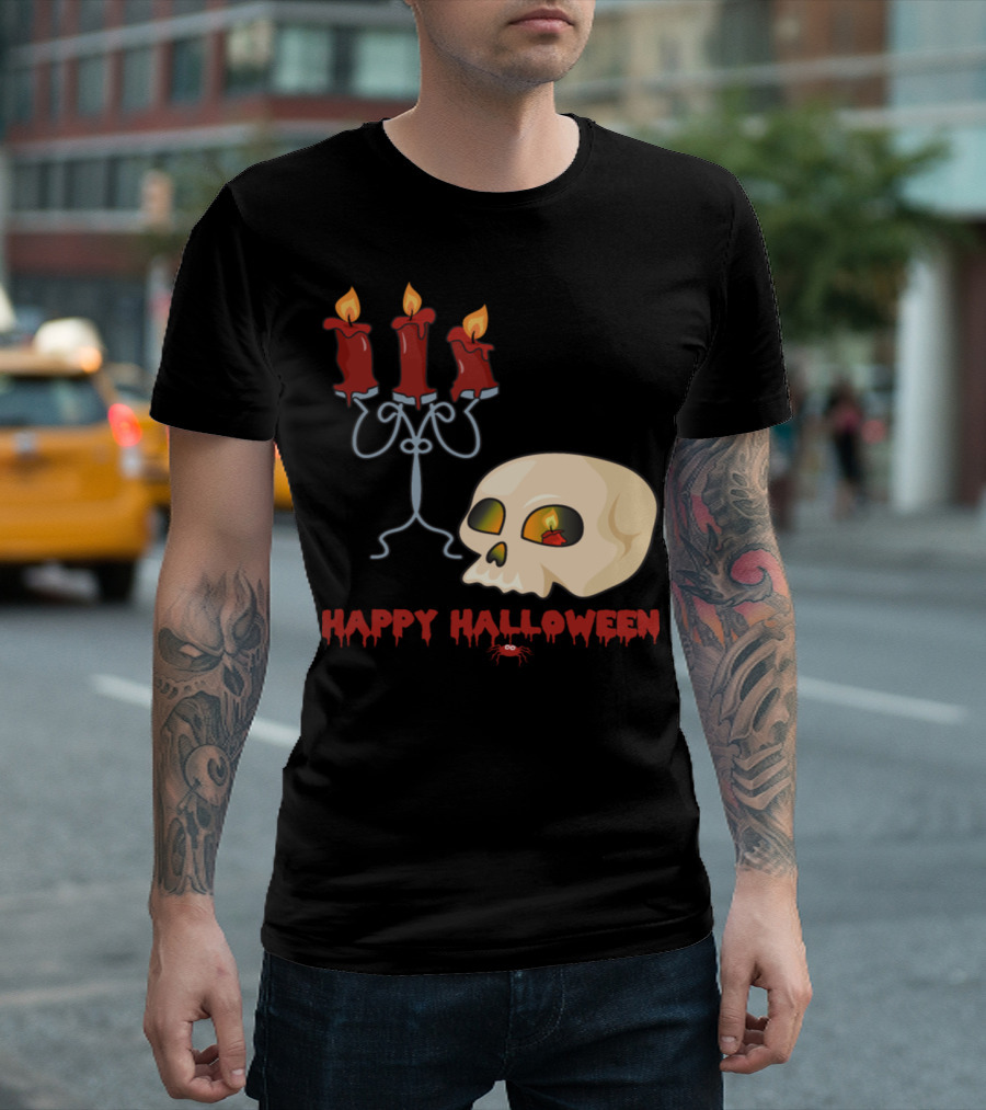 Happy Halloween Monster Zombie Horror Skull Bone Candle T-Shirt