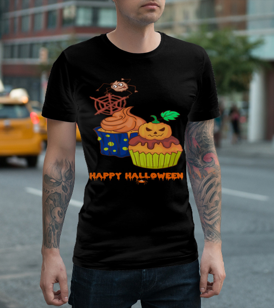 Happy Halloween Cupcake Muffins Spider Web Pumpkin T-Shirt