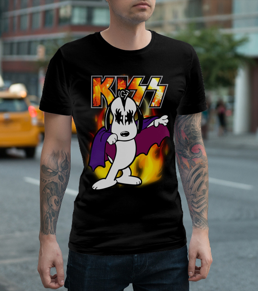 KISS Snoopy Peanuts Mashup with Flames and Comic T-Shirt