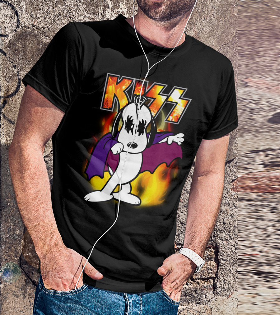 KISS Snoopy Peanuts Mashup With Flames And Comic T-Shirt