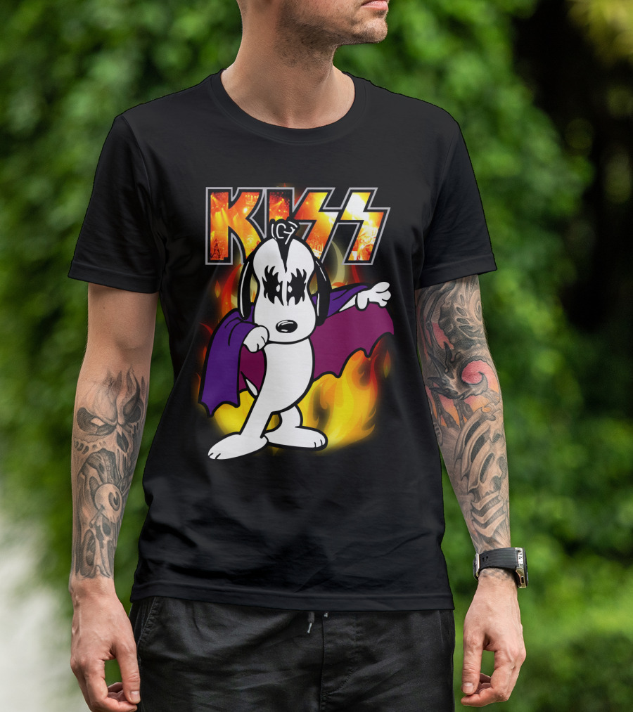 KISS Snoopy Peanuts Mashup With Flames And Comic T-Shirt
